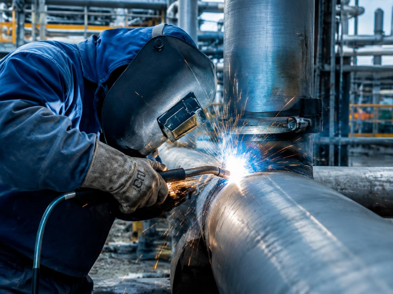 Welder working on industrial piping